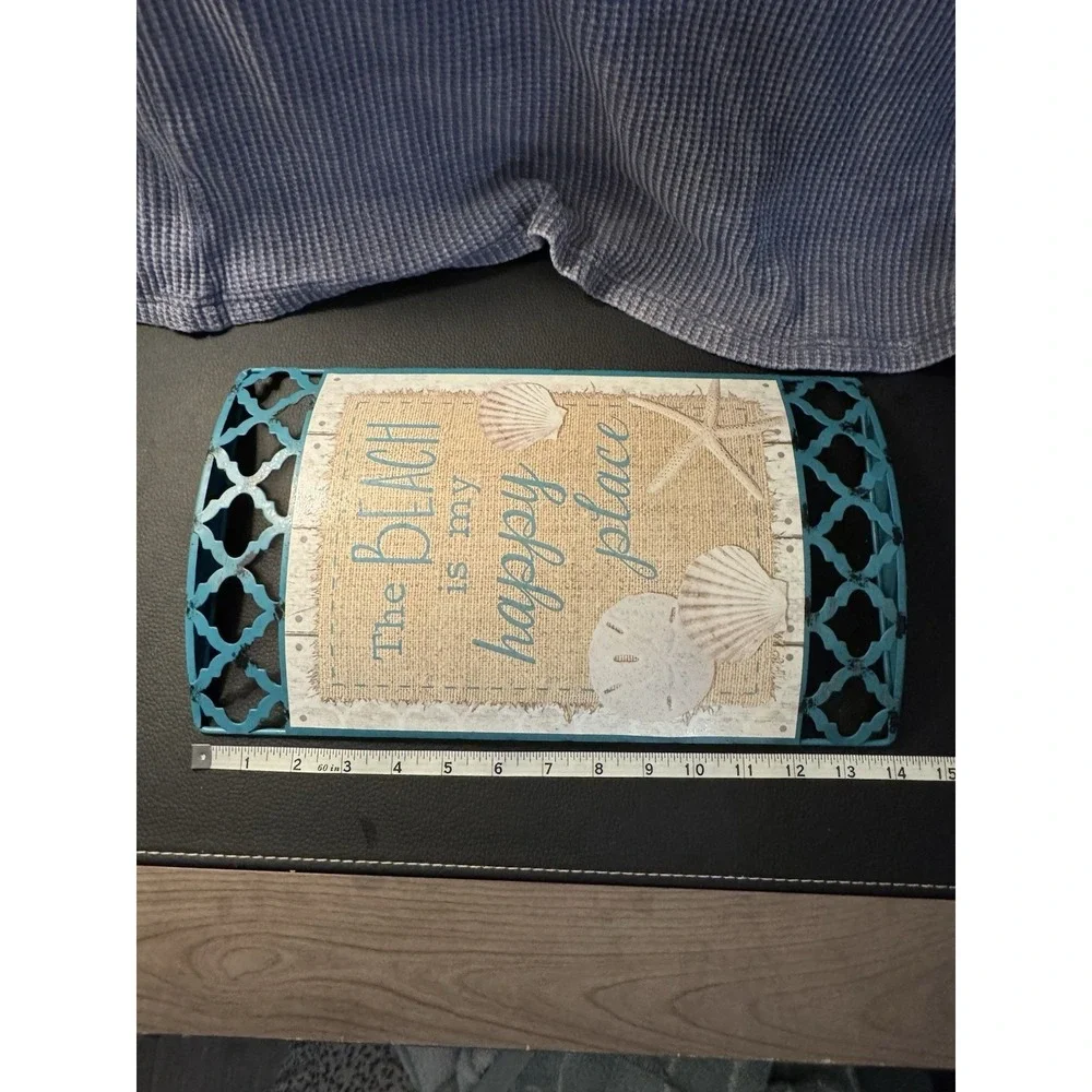 Turquoise Blue The Beach Is My Happy Place Metal Lattice Distressed Decor Shells
